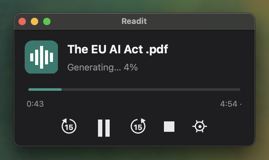 The Readit miniplayer generating narration for a PDF
